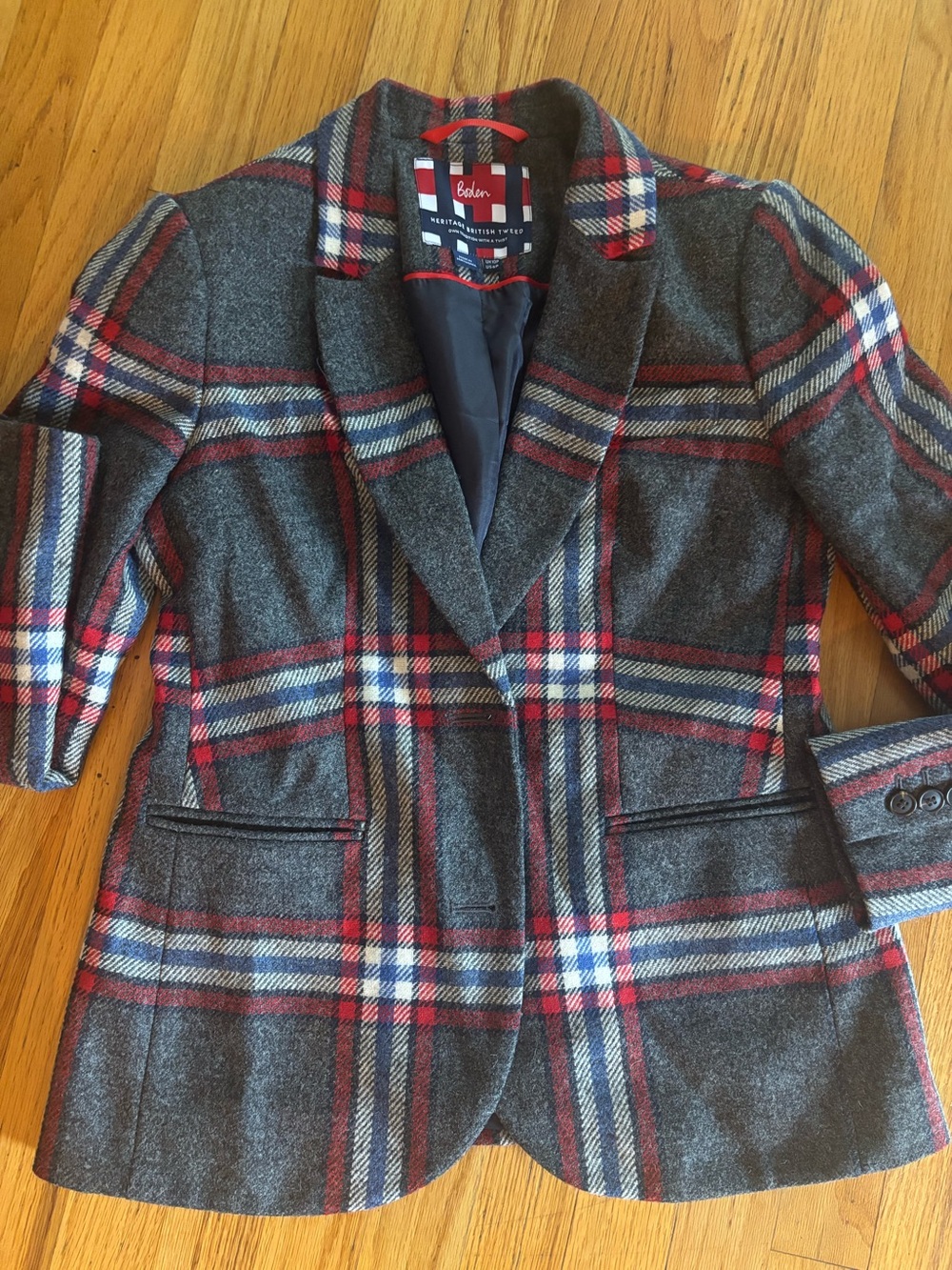 New Boden Women's Gray Plaid Wool Blend Blazer Jacket - Red & Navy Sz 6p